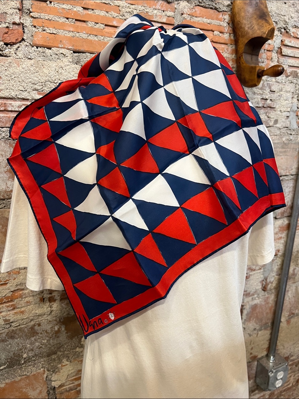 Vintage Vera Neumann Geometric Red Navy white Scarf made in Japan 22” square